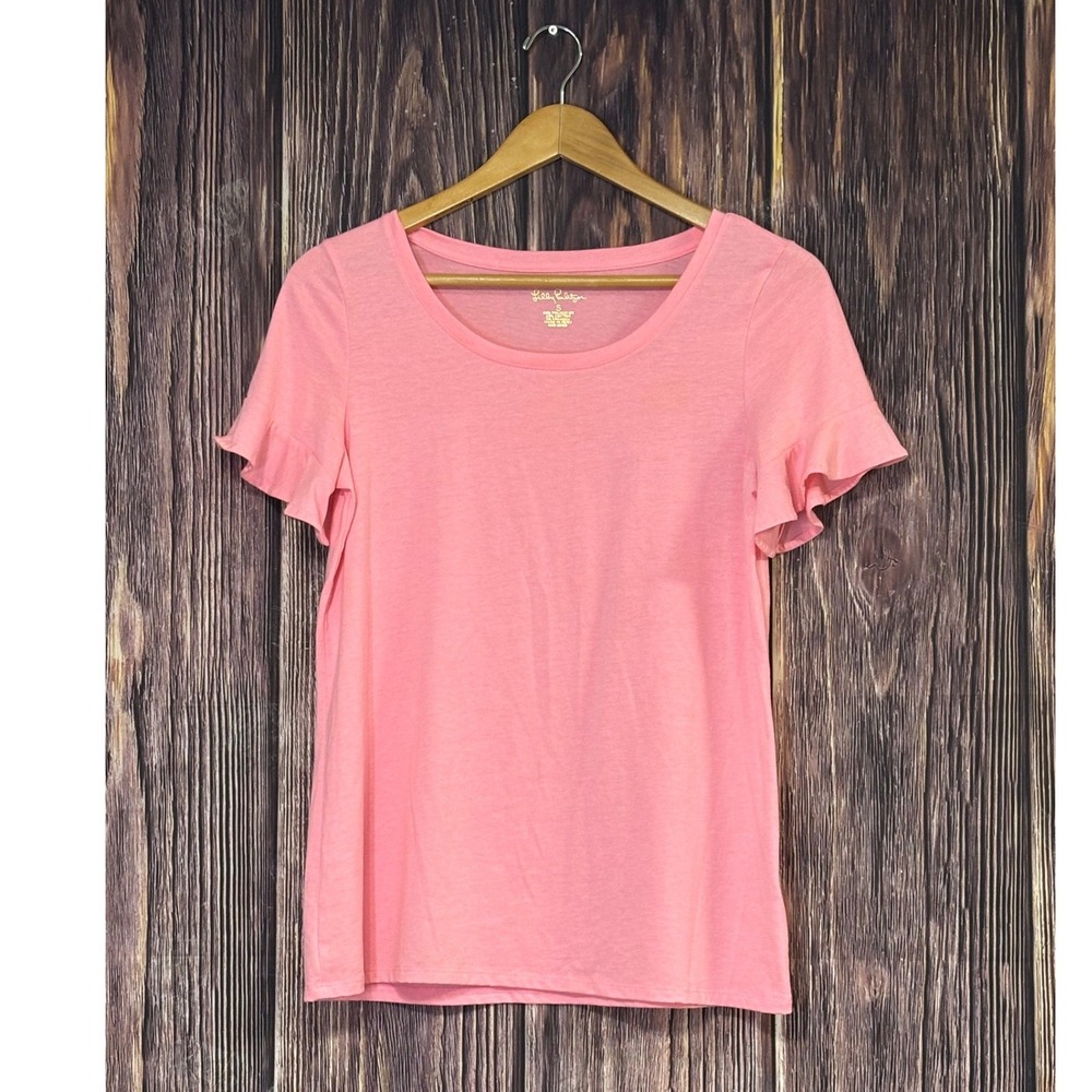 Lilly Pulitzer T-Shirt Womens Small Pink Slub Knit Ruffle Sleeve Scoop Neck - Picture 2 of 12